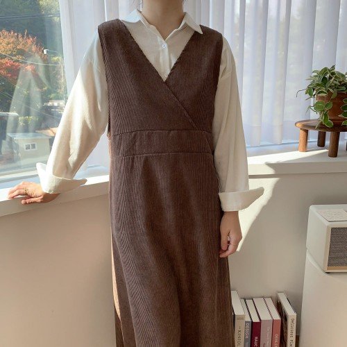 코듀로이 원피스 골덴 조끼 민소매 롱원피스 가을 겨울 이너 레이어드 빅사이즈 블랙