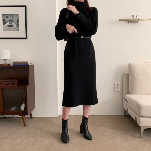 부드러운 루즈핏 H라인 반목 터틀넥 원피스 여성 겨울 니트 롱 원피스 빅사이즈 데일리룩