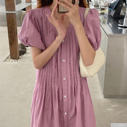 모니카 세로 핀턱 버튼 롱 원피스 3color 제이플로우 린넨 여름 루즈핏 주름 브이넥