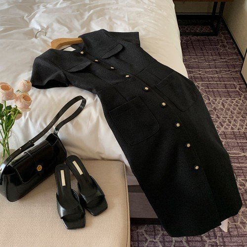 모디프 포켓 버튼 트위드 H라인 롱 반팔 원피스 op16035