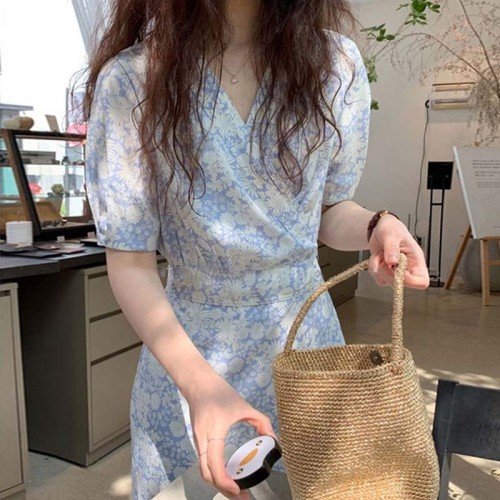 수국 잔꽃무늬 플라워 패턴 랩 브이넥 반팔 소매 쉬폰 플레어 데이지 랩스타일 롱 원피스