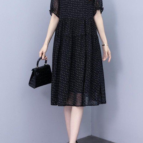 봄 여름 여성 빅사이즈 루즈핏 알파벳패턴 퍼프소매 쉬폰 롱원피스 블랙