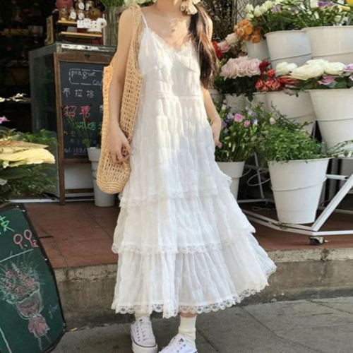 캉캉 원피스 끈나시 휴양지룩 레이스 레이어드 쉬폰 롱 원피스