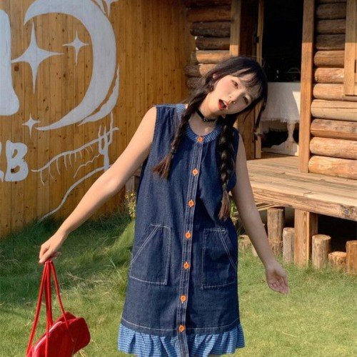 여성 라운드넥 민소매 H라인 데님 원피스 워싱 하이웨스트 버튼 롱 청원피스 데일리 오피스룩 봄 여름