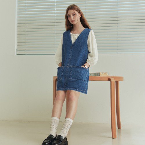 [제로스트릿] 스티치 브이넥 데님 원피스 STITCH V-NECK DENIM ONE-PIECE / BLUE