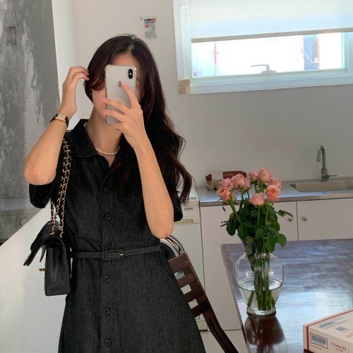 리엘 벨트SET 생지 데님 카라넥 핀턱 여자 하객룩 반팔 A라인 벨티드 플레어 롱 원피스