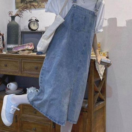 캐주얼 여성 멜빵 원피스 언발란스 여성 데님 롱 원피스