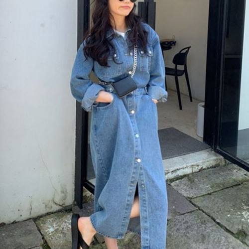 루즈핏 여성 데님 원피스 데일리 와이드 데님 원피스 캐주얼