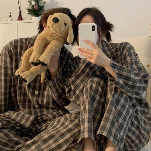 빈티지 체크 커플잠옷 피치기모 빅사이즈 크리스마스 파자마파티