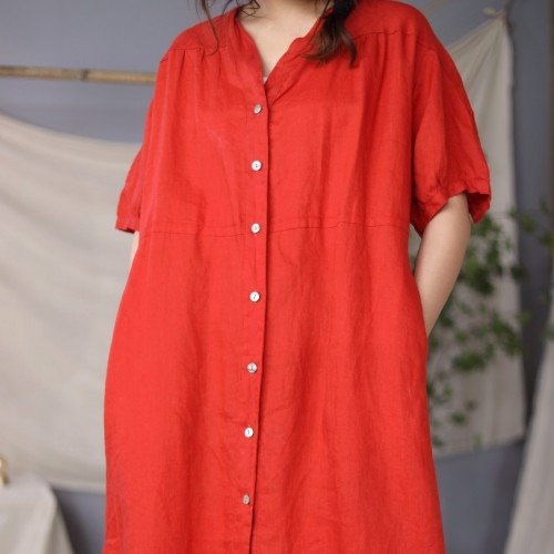 하마마스 여름 브이넥 셔링 린넨롱셔츠원피스