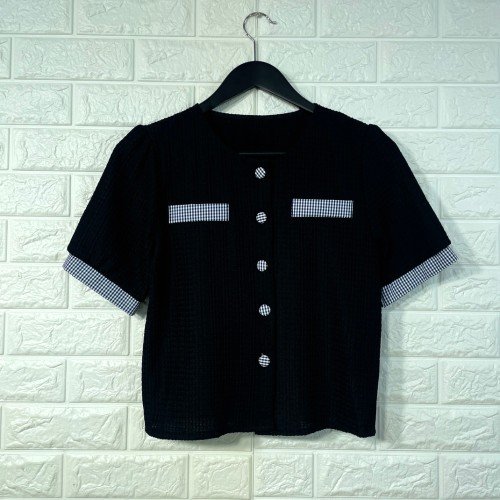 체크배색 포켓 싸개단추 엠보 신축성 라운넥반팔블라우스 여름 심플 데일리블라우스 여자여자몰