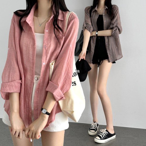 여름 시스루블라우스 긴팔 린넨 시어서커 얇은 셔츠