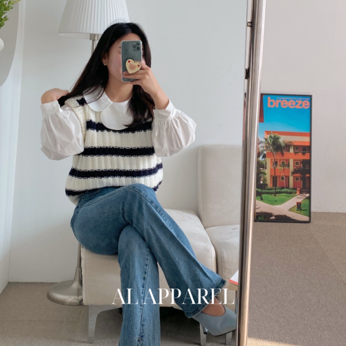 빅카라 둥근카라 벌룬 셔츠 퍼프 블라우스 스트라이프 화이트 남방