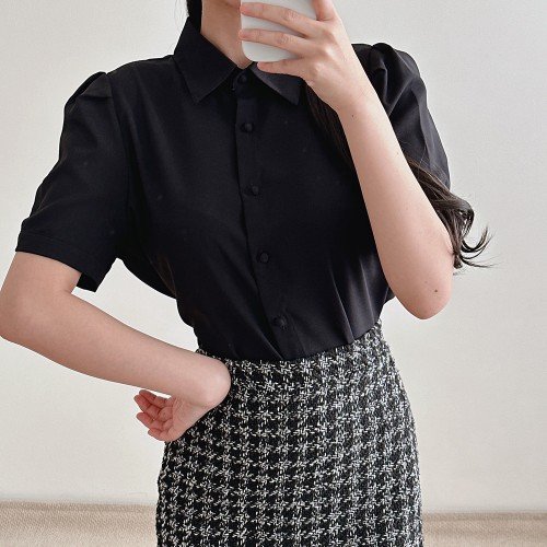 여성 여름 반팔 블라우스 셔츠 어깨 퍼프 링클프리 무지 면접 하객 화이트 블랙 빅사이즈