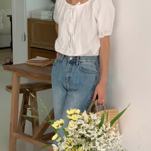 포밍 핀턱 레이스 주름 스트링 오프숄더 리본 셔링 여름 반팔 셔츠 블라우스