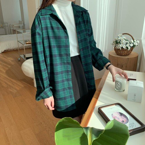 포근한 겨울 여성 체크 셔츠 오버핏 롱 여자셔츠 블라우스 기모 남방 가을 블랙 그린 레드