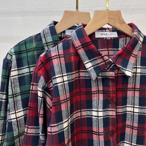 여성 셔츠 여자 체크 남방 세미 크롭 셔츠 블라우스 기모 가을 겨울 롱 남방 레드 그린