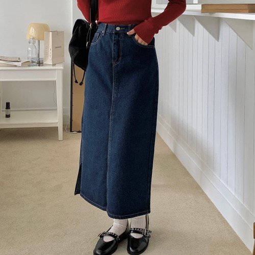 데님 빈티지 워싱 롱 H라인 맥시 스커트 흰색 청 치마 화이트 흑청 연청