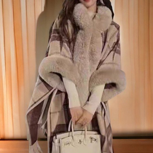 밍크 후드 체크 케이프코트 롱 망또 숄코트 페이크퍼 겨울아우터 나비올라