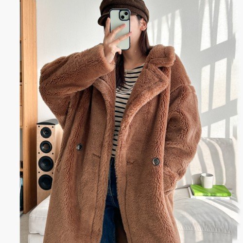 나비올라 테디베어코트 핸드메이드 양모 겨울 뽀글이 루즈핏 롱코트 양털코트