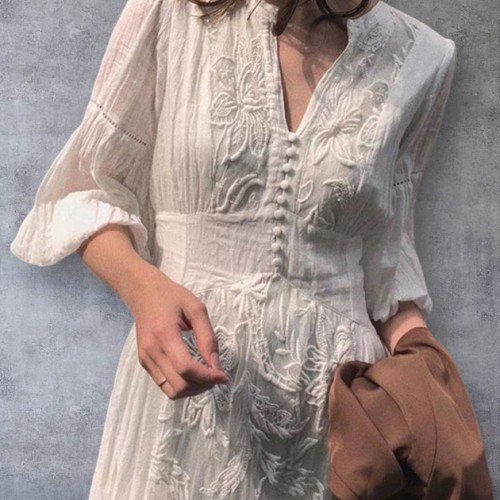 여성 휴양지원피스 브이넥 플라워 자수 레이스 여름 롱 화이트