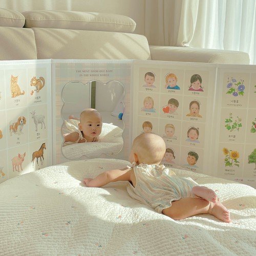 세이펜호환 아기병풍 쁘띠아코 완제품 신생아 터미타임 그린리프 5단 3mm 구름 거울