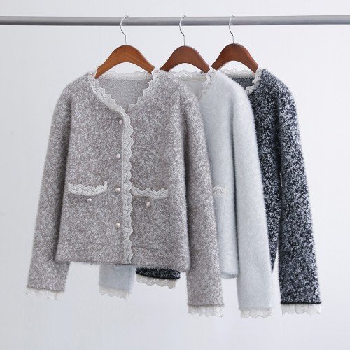 첼디 페미닌 레이스 헤어리 트위드 실버버튼 니트 가디건 자켓