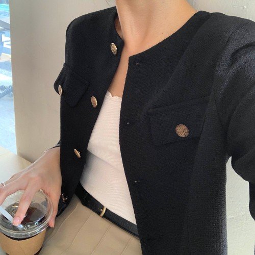 하리보 오피스 여성 노카라 긴팔 트위드자켓 결혼식 가을 간절기 하객룩 66 77 빅사이즈