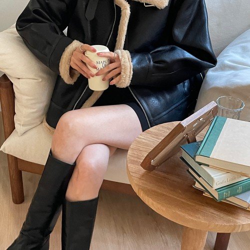 트렌디 가죽 하이넥 뽀글이 자켓 양털 무스탕 재킷 여자 레더 자켓 페이크퍼 여성 겨울자켓