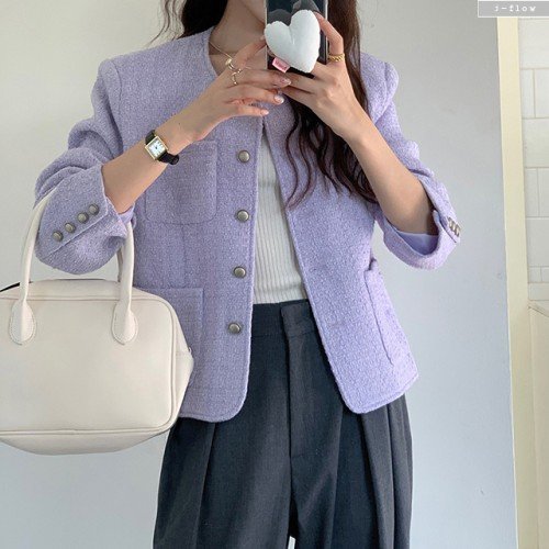 샤베트 라운드 은장버튼 트위드 자켓 2col 가을 봄 루즈핏 노카라 포켓 하객 제이플로우