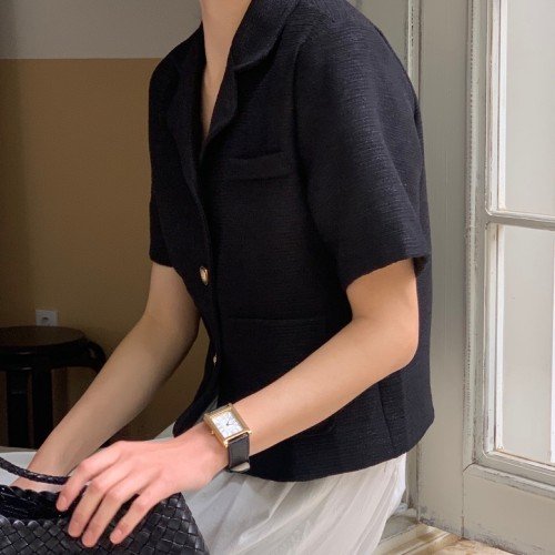 띠아 여성 카라넥 포켓 하객룩 여름 반팔 루즈핏 트위드 자켓(2color)