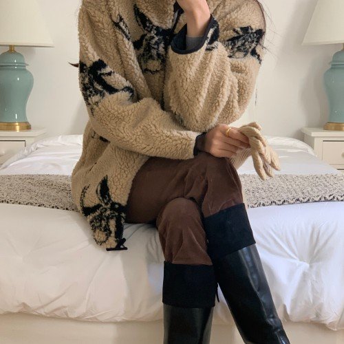 리본 덤블 후리스 집업 뽀글이 플리스 자켓 투웨이 점퍼 (베이지) 양털 하이넥 하프 가디건