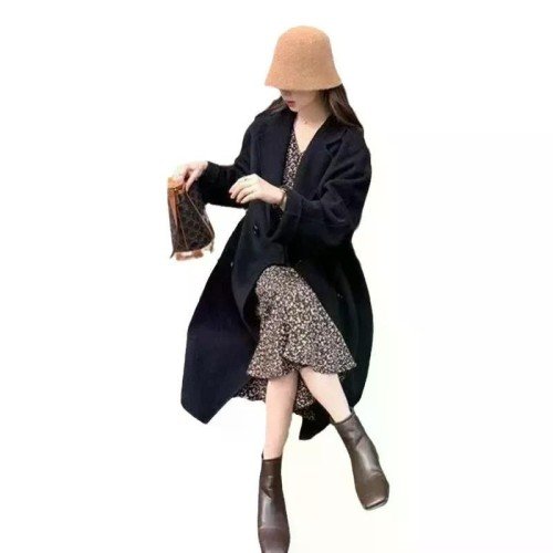 양면 모직 중간 길이 여성 외투 무릎 재킷 가을 겨울 신상 코트 롱코트 더블 핸드메이드 블랙 M