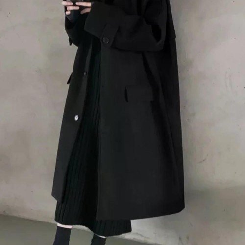 스타일 싱글 코트 오버핏 캐주얼 중간 길이 모직 자켓 오버 여성용 롱 롱코트 24FW 울 블랙 프리 사이즈