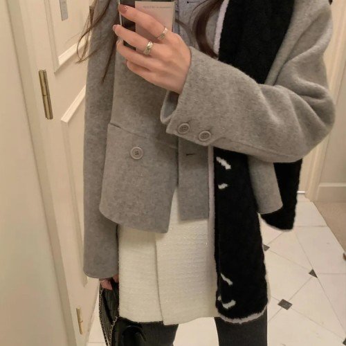 오버핏 노카라 더블 하프 코트 울 핸드메이드코트 숏 반코트 여자 겨울코트 아이보리 그레이