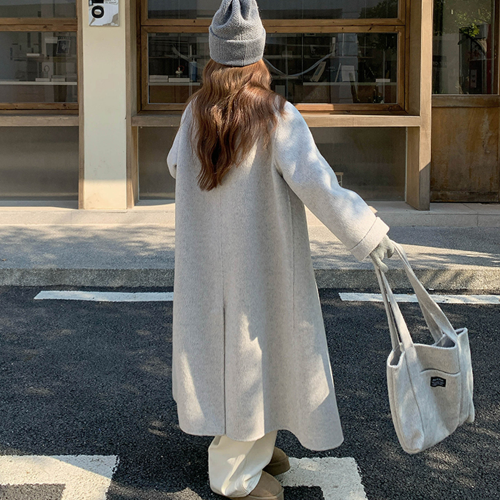 여성 울100 핸드메이드 오버핏 롱코트 회색 그레이 노카라 겨울 고급 아우터