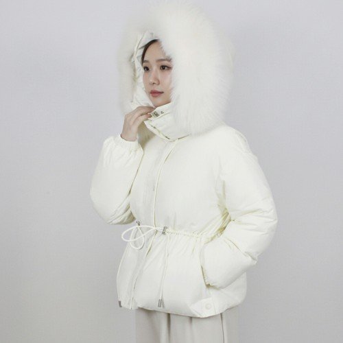 여성 겨울 풍성 리얼 폭스퍼 여우털 허리 스트링 덕다운 오리털 숏패딩