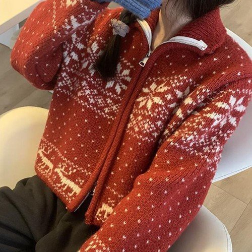 크리스마스 집업 가디건 눈꽃 노르딕 니트 하이넥 카라 드레스코드 빨간니트