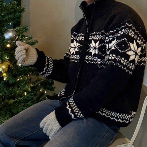남자 나카 겨울 오버핏 노르딕 눈꽃 자가드 니트 집업
