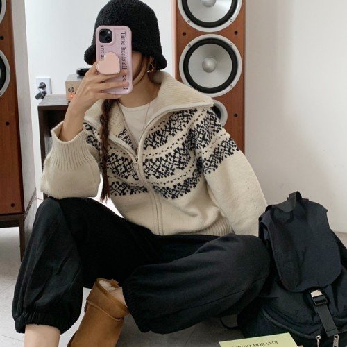 포근한 도톰 울 투웨이 눈꽃 코위찬가디건 겨울 여성 니트 집업 가디건 오버핏 노르딕가디건