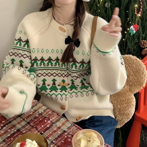 크리스마스 트리 가디건 떡볶이단추 노르딕 드레스코드 연말 파티룩 빨간니트