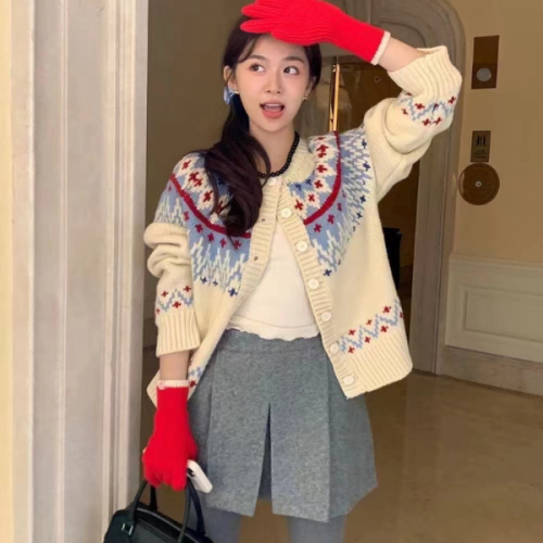 캐롤송 노르딕 눈꽃 니트 가디건 루즈핏 하객룩 겨울