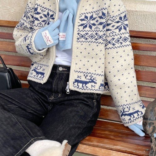 루즈핏 투웨이 카라넥 울 노르딕가디건 크롭 눈꽃 코위찬가디건 겨울 여성 니트 집업 가디건